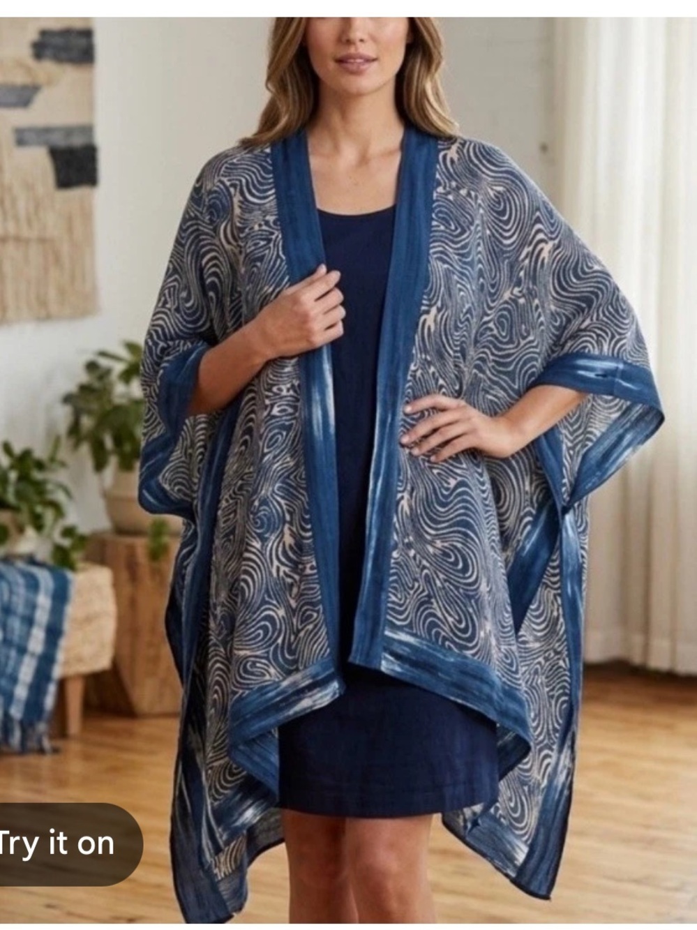 Soft Surroundings blue and cream printed kimono ruana